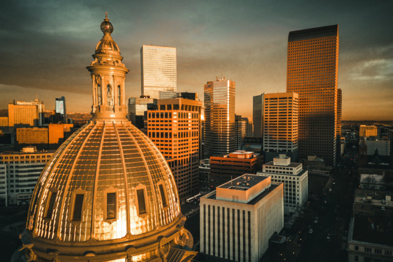 Downtown Denver sunrise with Capital building